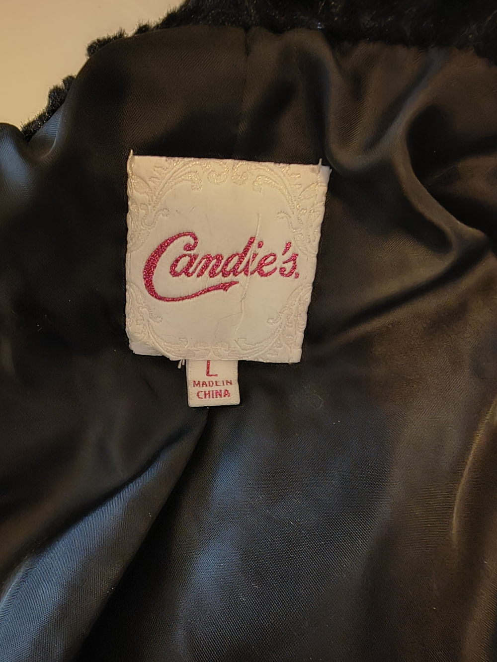 Candie's Black Faux Fur Coat with Decorative Bow